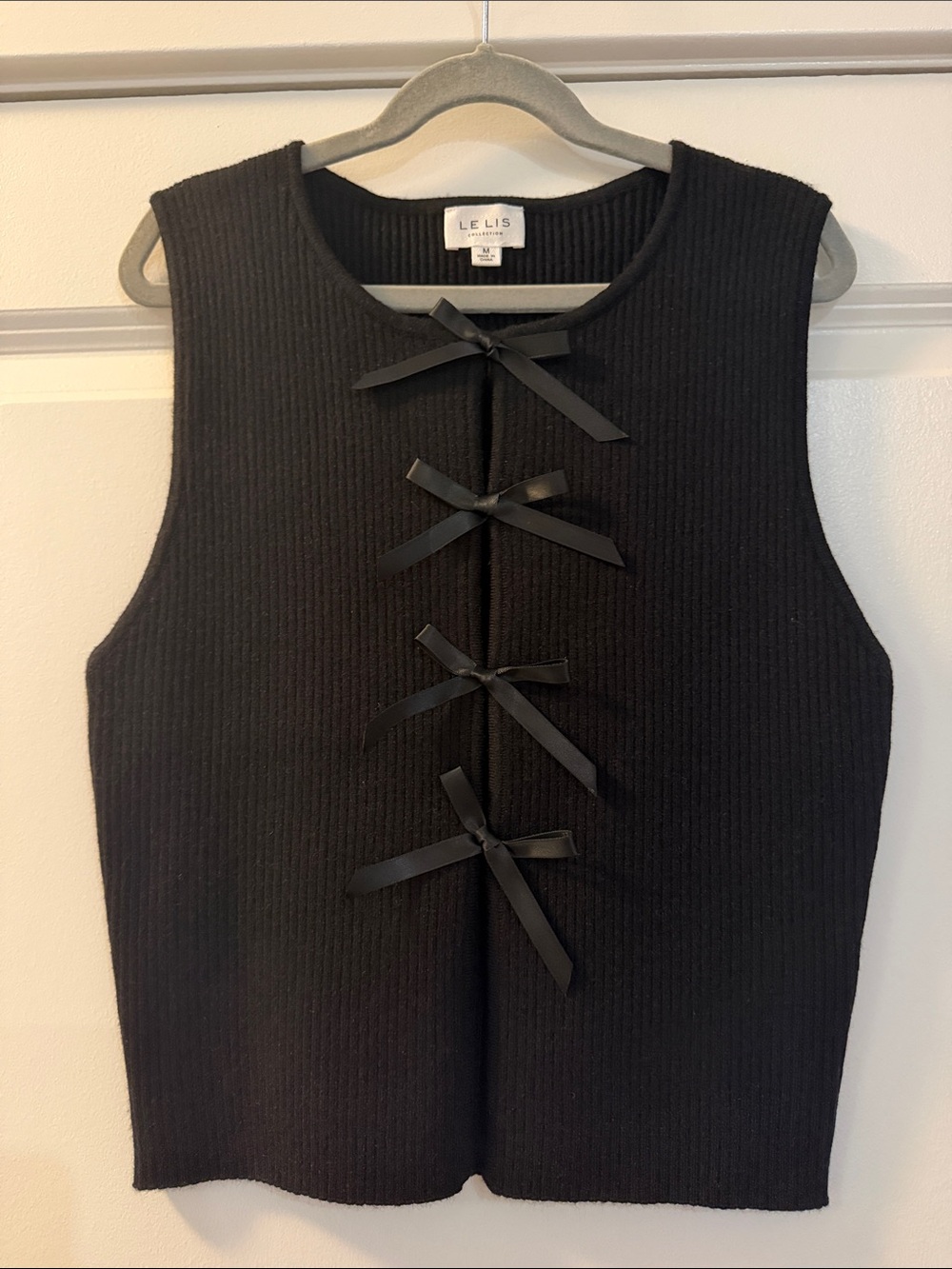 Le Lis Black Ribbed Tank with Front Bow Details